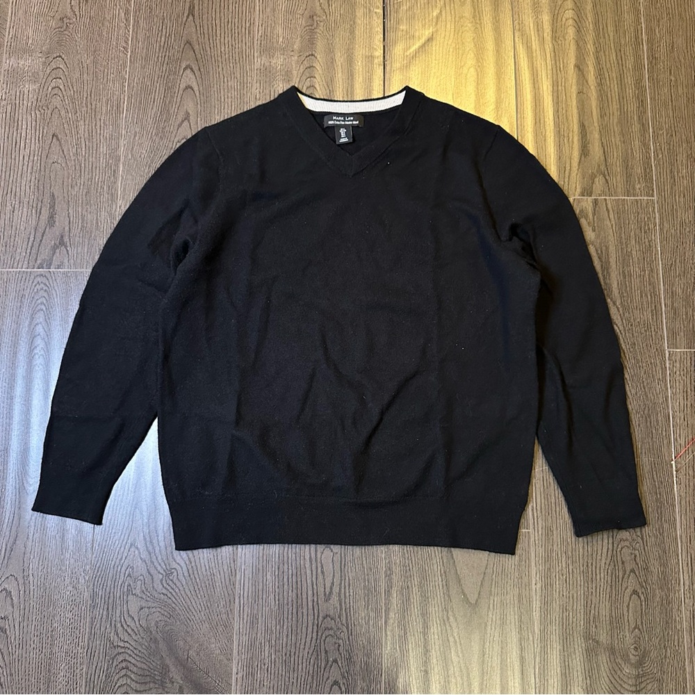 Mark Law Men’s Sweater Large Black 100% Extra Fine Merino Wool V-Neck Pullover